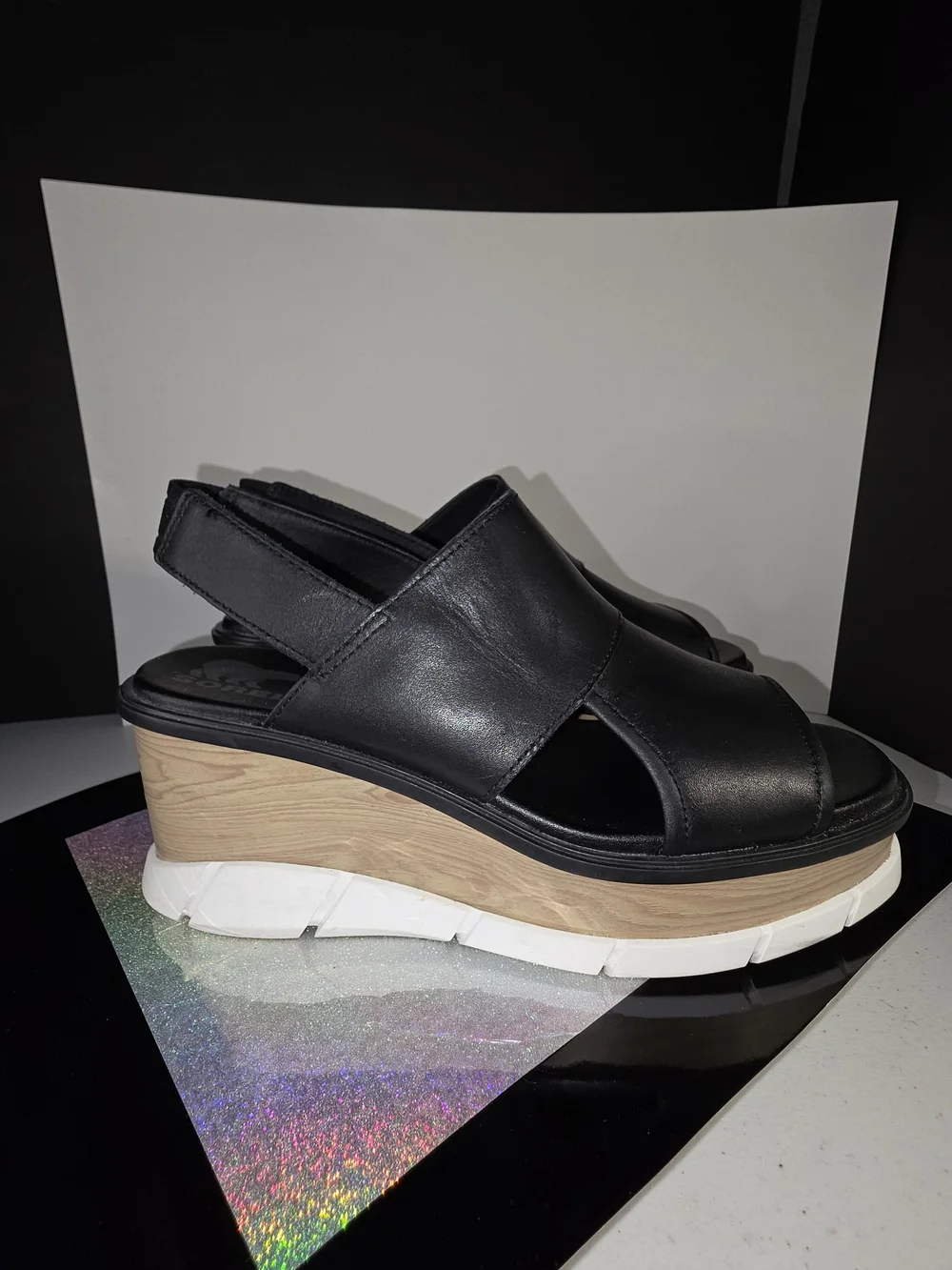 Sorel Joanie III Slingback Platform Wedge Sandals Black Leather 8.5